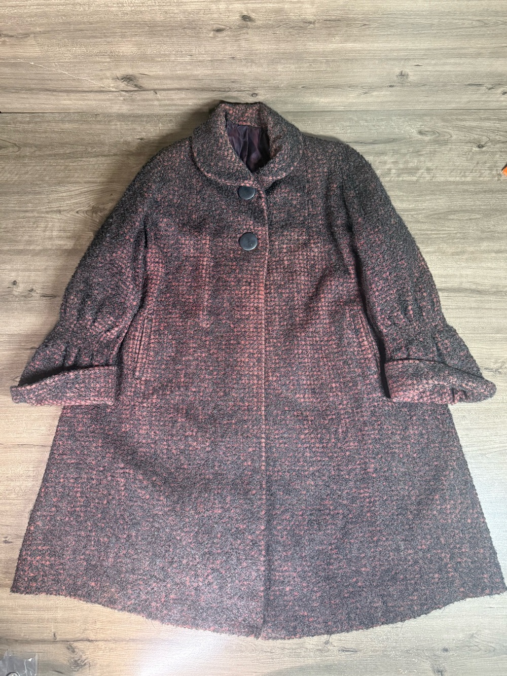 Vtg 1950s Donnybrook Big Town Wool Boucle Swing Coat Womens L XL Red Black